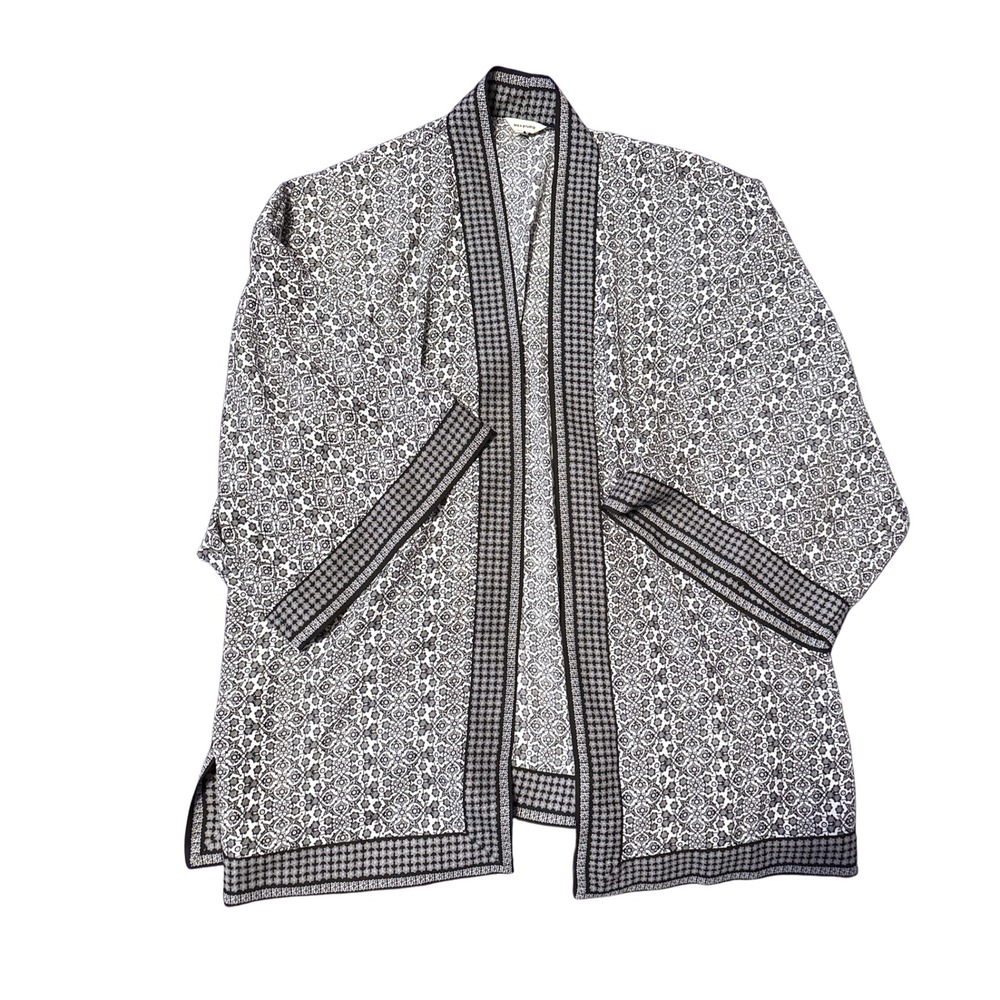 Max Studio 1X Kimono Cardigan Black White Geometric Floral Open Front Boho 18/20
